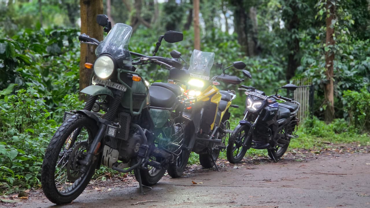 Three motorcycles parked on a forest road